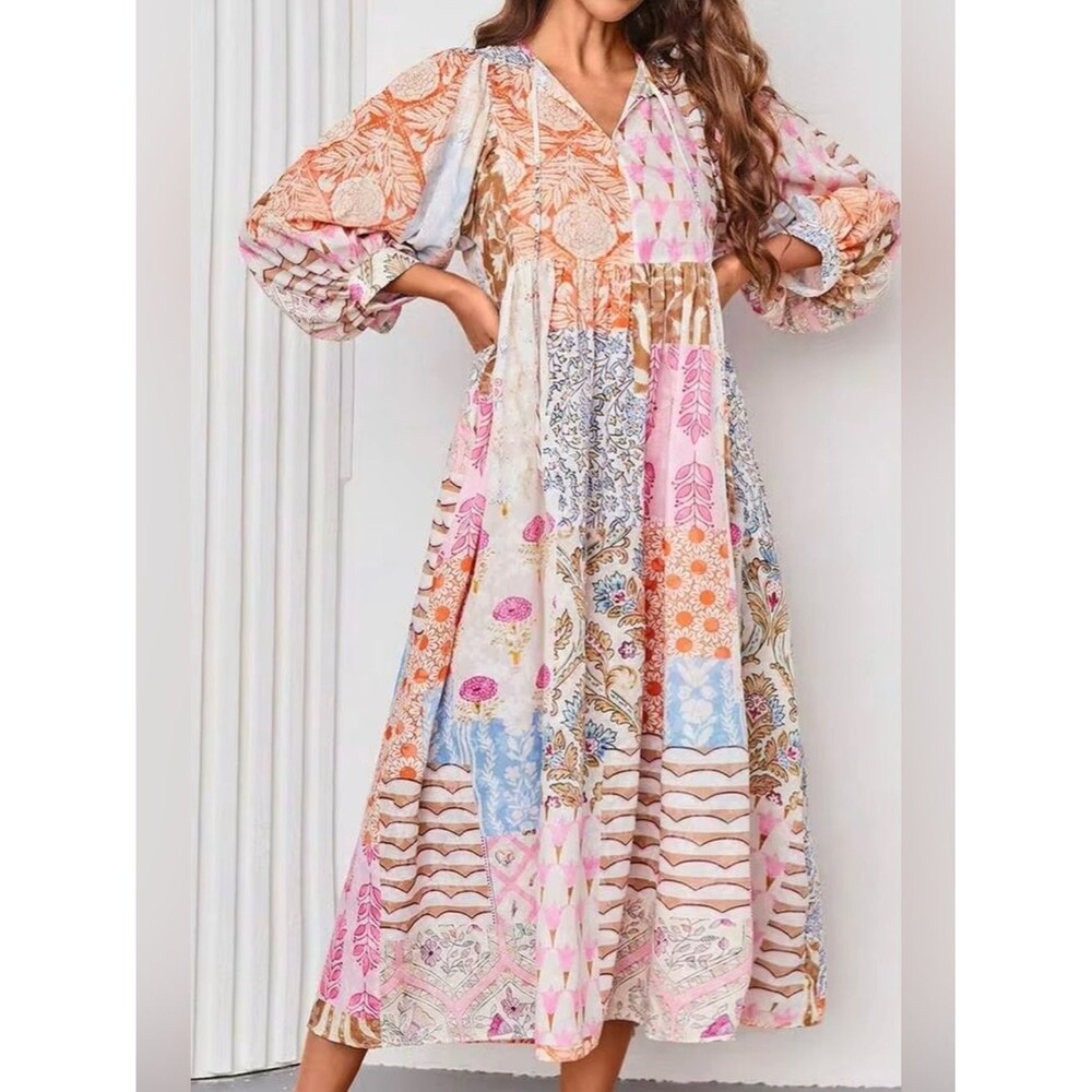 SHEIN Boho Floral Patchwork Maxi Dress Size S Pink Orange Lantern Sleeve V-Neck